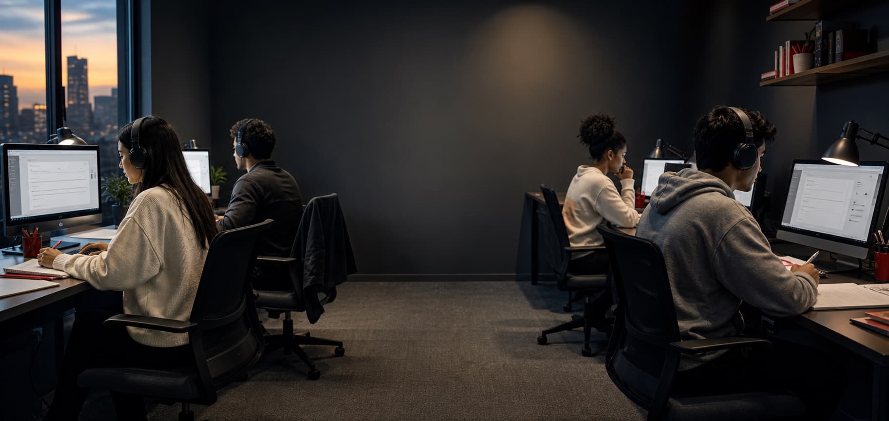 Students preparing for a computer-delivered English exam in an evening study room