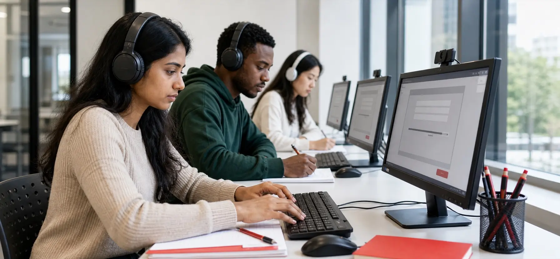 Students preparing for a computer-delivered English exam in a modern study lab