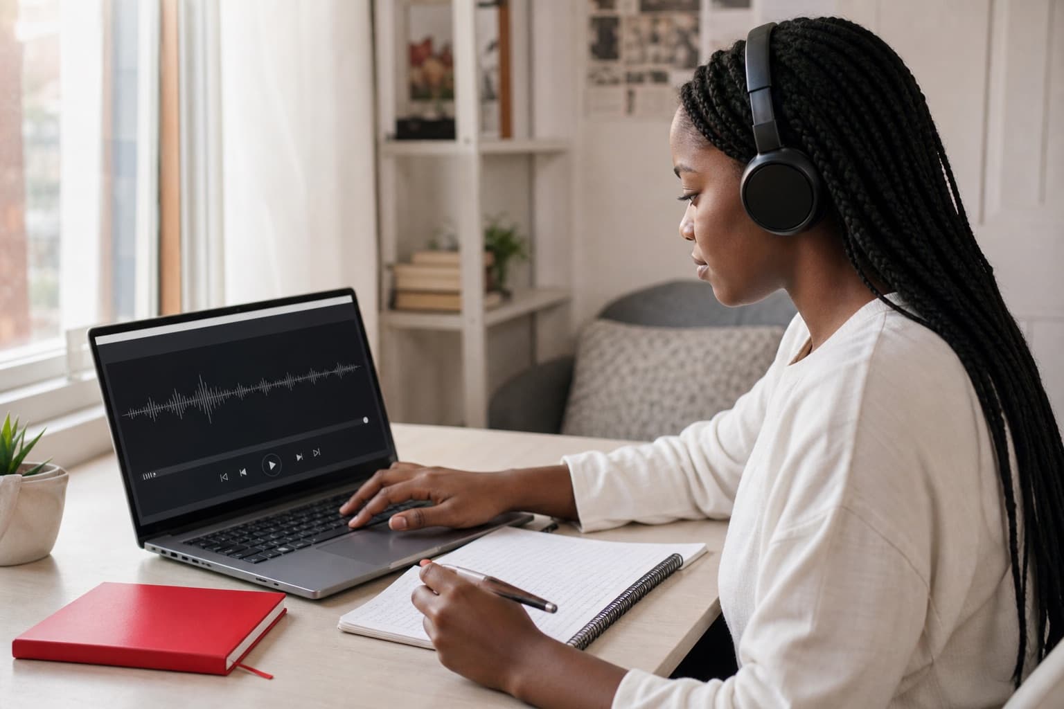 Student practising a computer-based Listening task with headphones