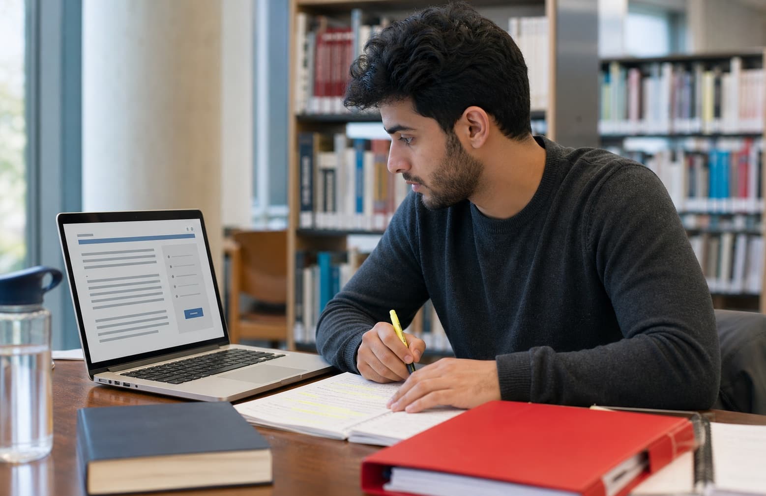 Student reviewing a computer-based Reading task in a library