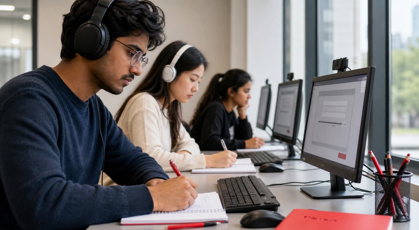 Students completing computer-delivered English test practice in a study lab