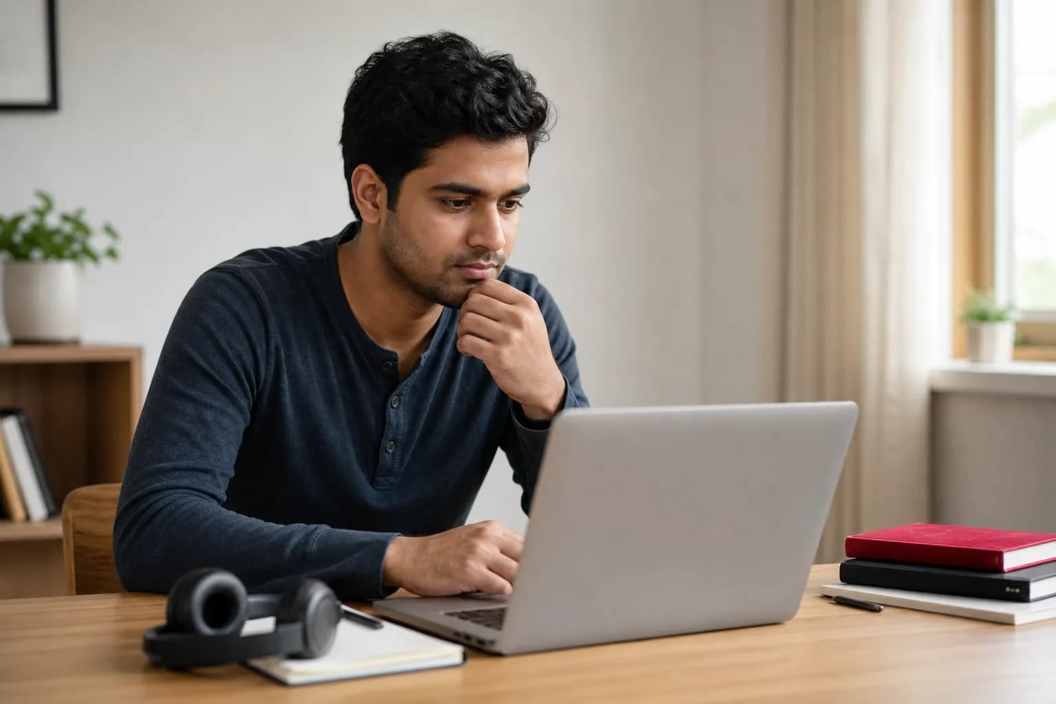 A learner doing a Listening practice session with headphones beside the laptop
