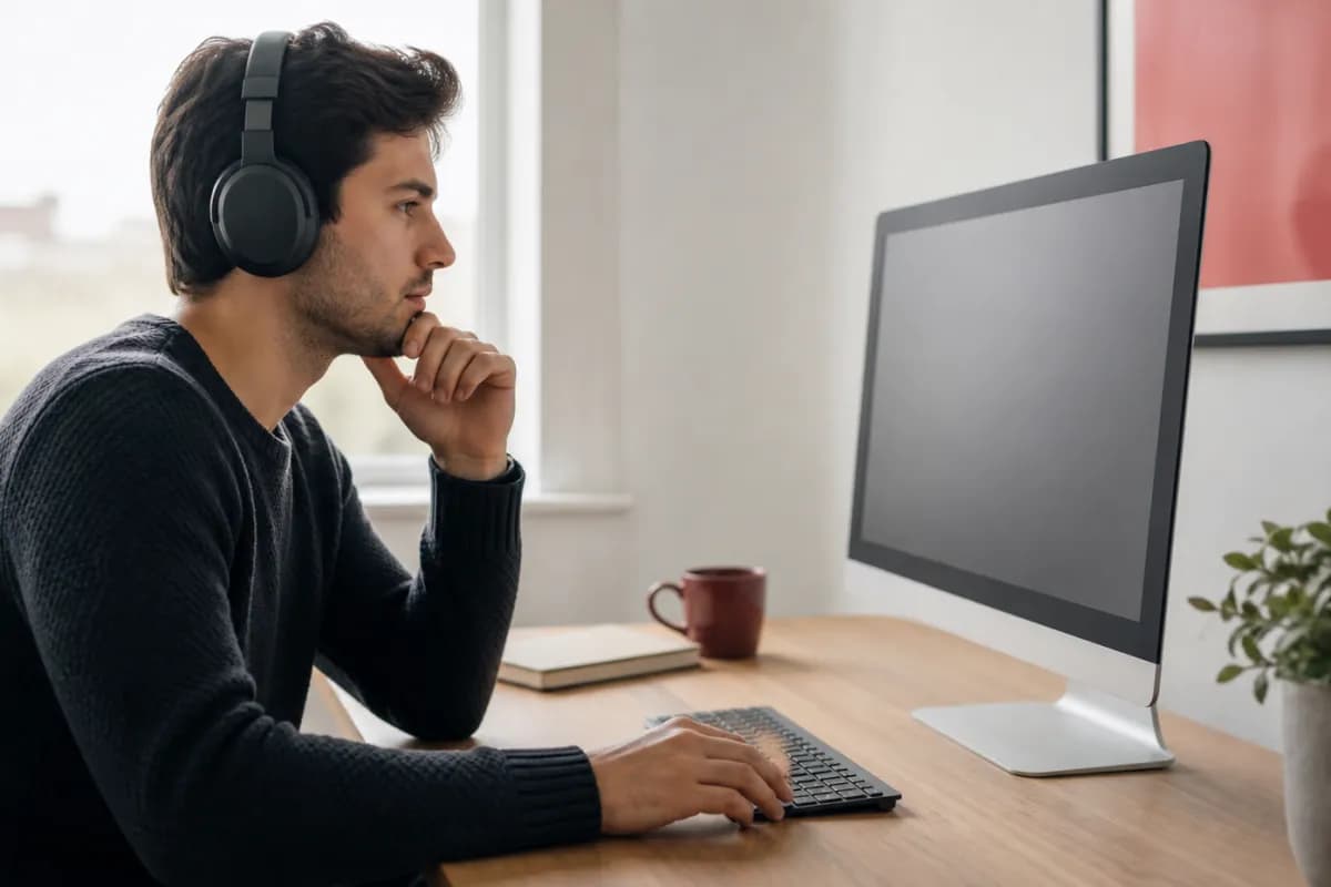 Learner practising computer-delivered IELTS Listening with headphones