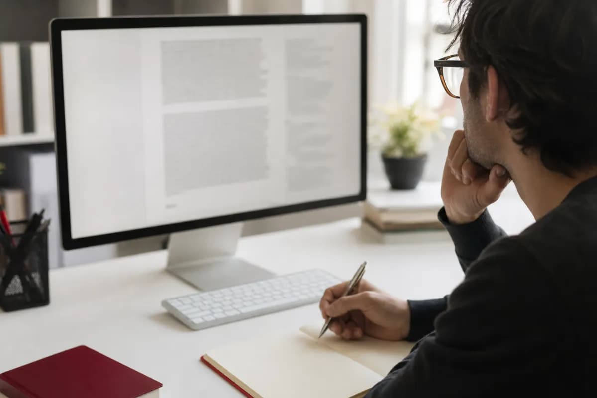 Learner reading an academic passage on a desktop computer