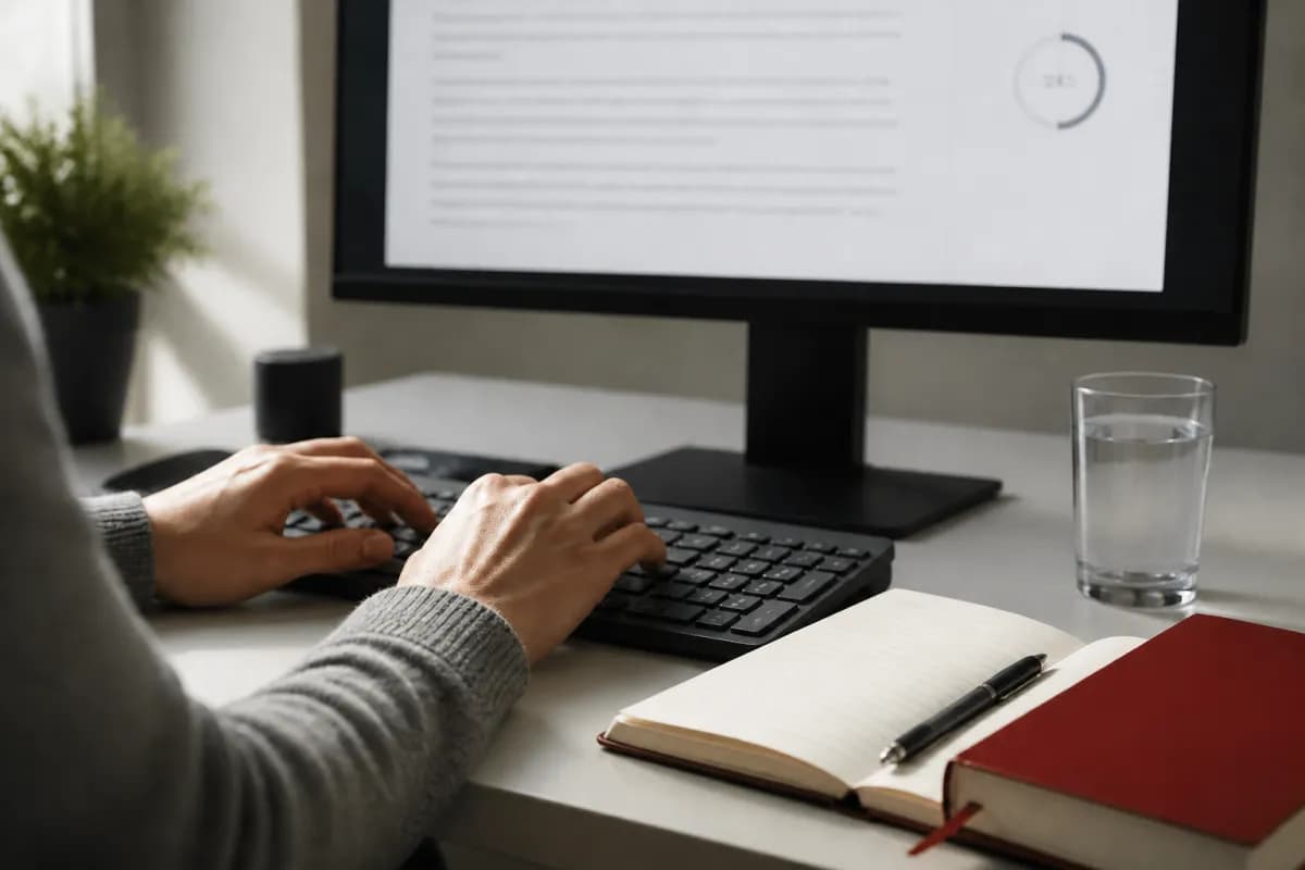 Learner typing a timed computer-delivered IELTS Writing response