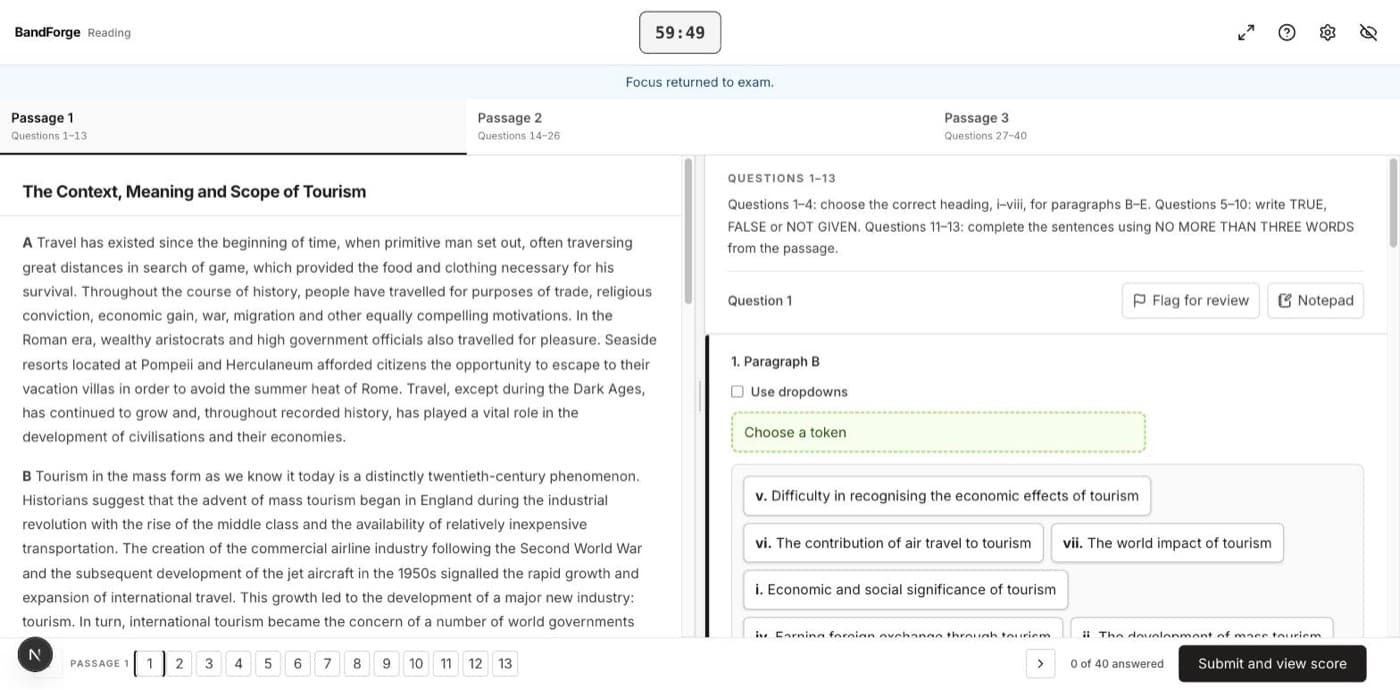 The computer-delivered Reading test interface with passage, questions and highlighting