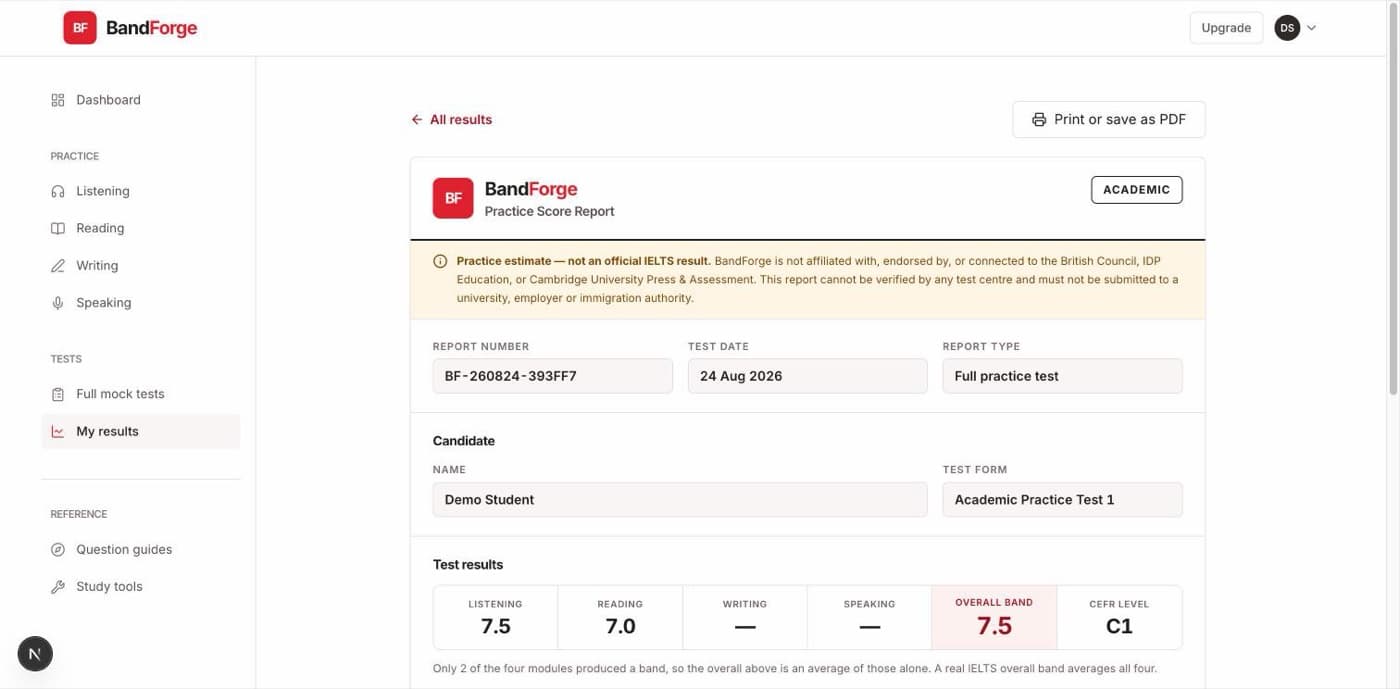 A practice score report with band estimates for each module